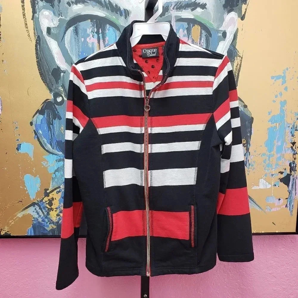 Onque Casuals Red Black and White Zip Front Jacket